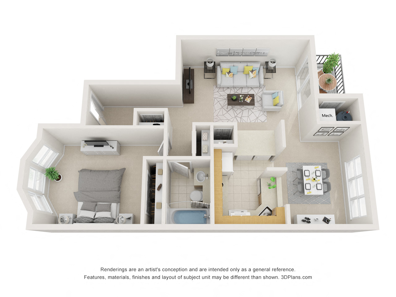Floor plan for 1 bed, 1 bath, 770 sqft